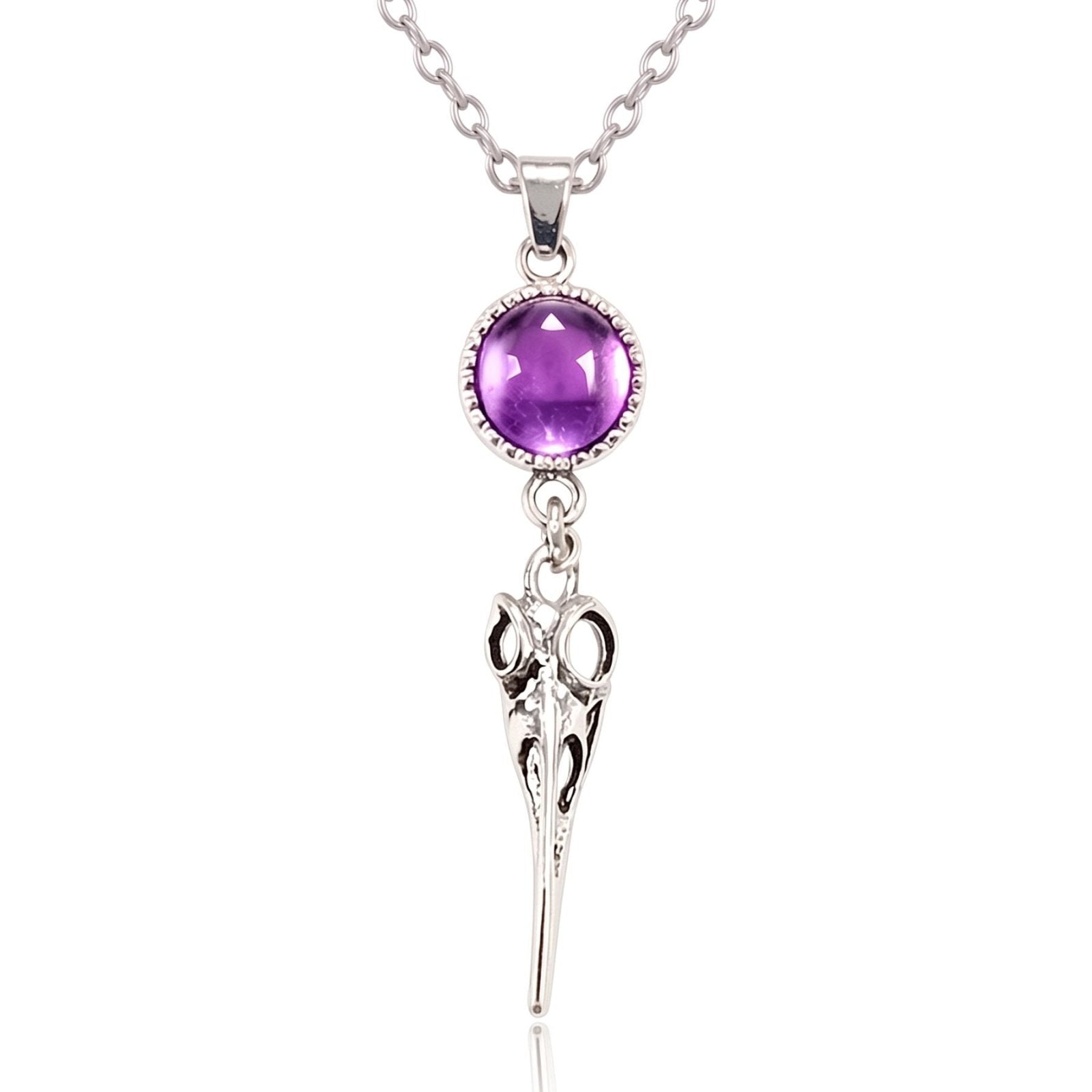 Collier crane de corbeau pour femme, en alliage de zinc argenté, avec cristal violet