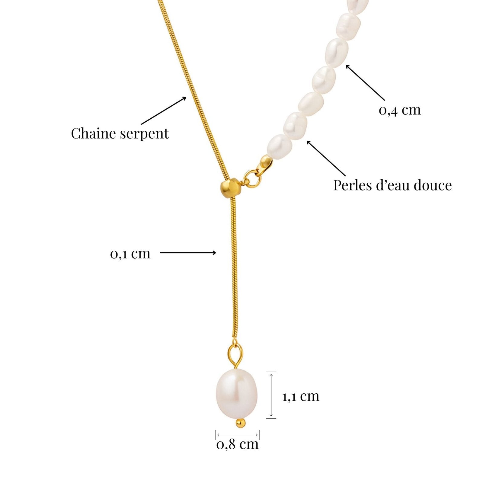 Collier cravate asymétrique perles d’eau douce et maille serpent dorée, pour femme élégante, modèle Aurore