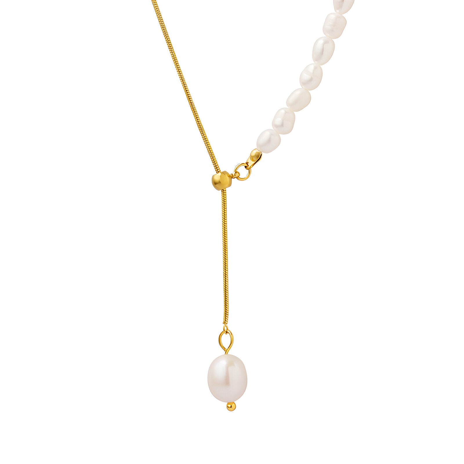 Collier cravate asymétrique perles d’eau douce et maille serpent dorée, pour femme élégante, modèle Aurore
