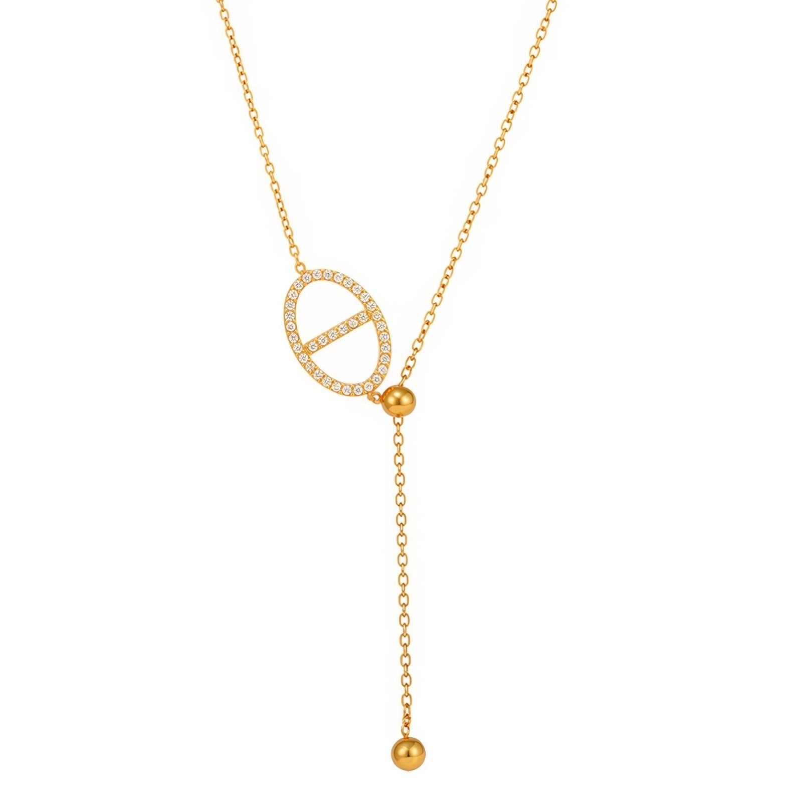 Collier cravate élégant femme, design ovale pavé de zircon, en acier inoxydable plaqué or ou argent
