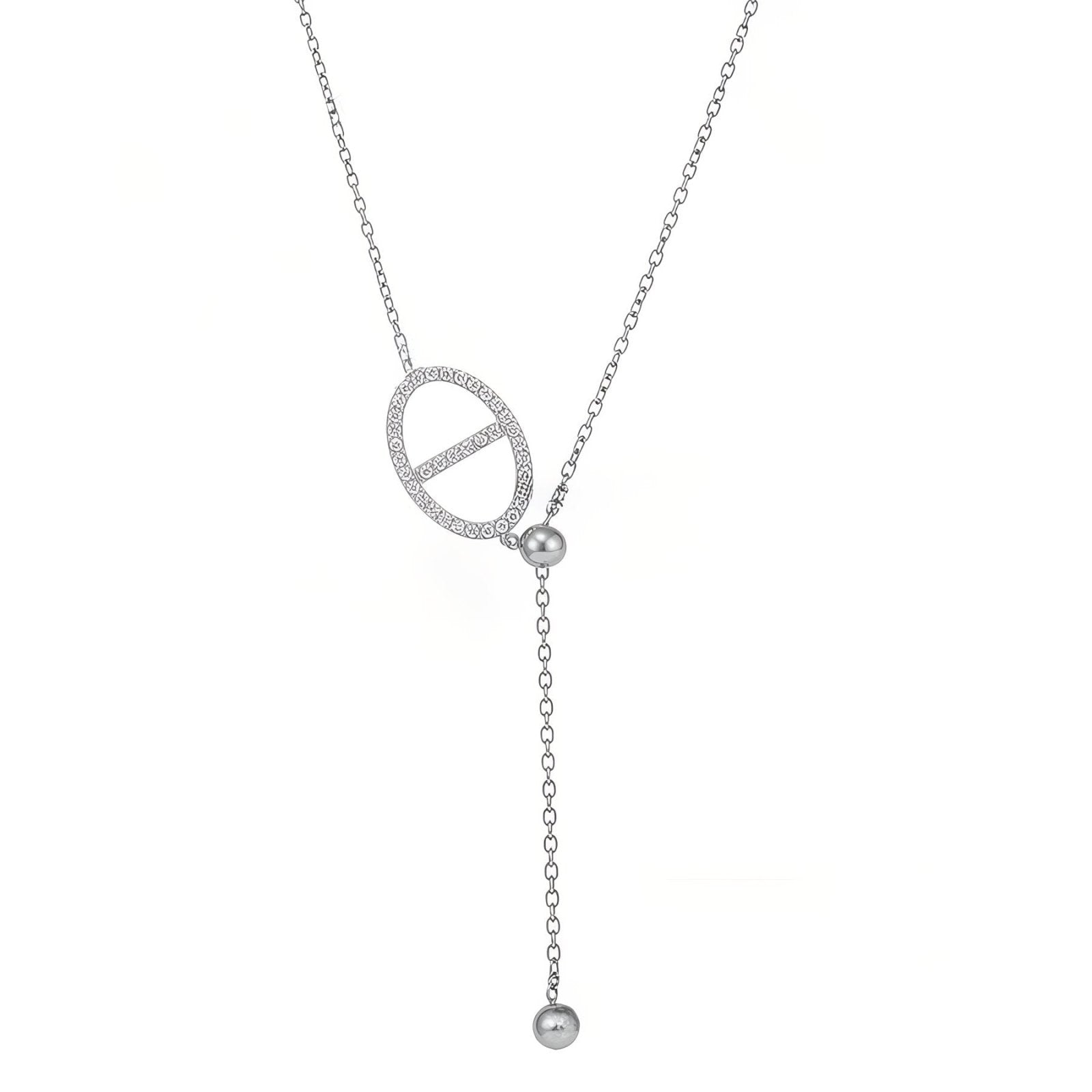 Collier cravate élégant femme, design ovale pavé de zircon, en acier inoxydable plaqué or ou argent