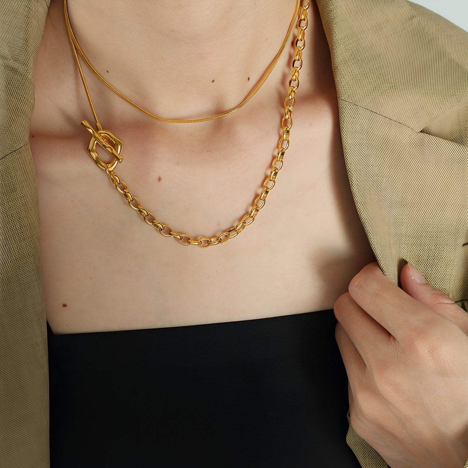 Collier cravate et sautoir asymétrique pour femme, style géométrique doré, acier inoxydable