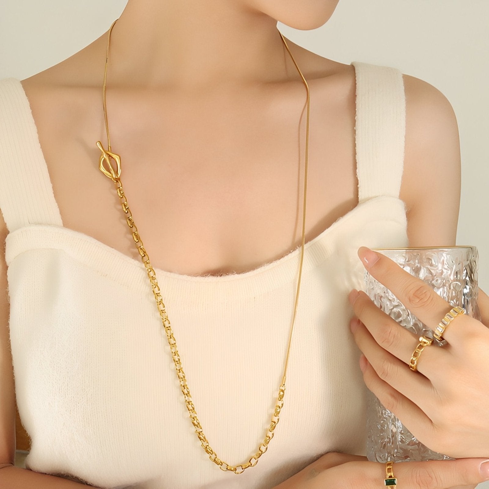 Collier cravate et sautoir asymétrique pour femme, style géométrique doré, acier inoxydable