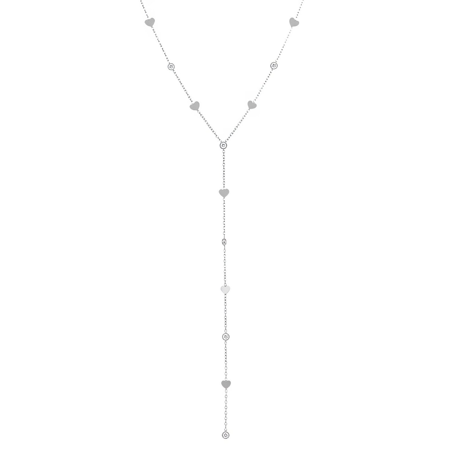 Collier cravate long plongeant, acier inoxydable, motif cœurs et zircons