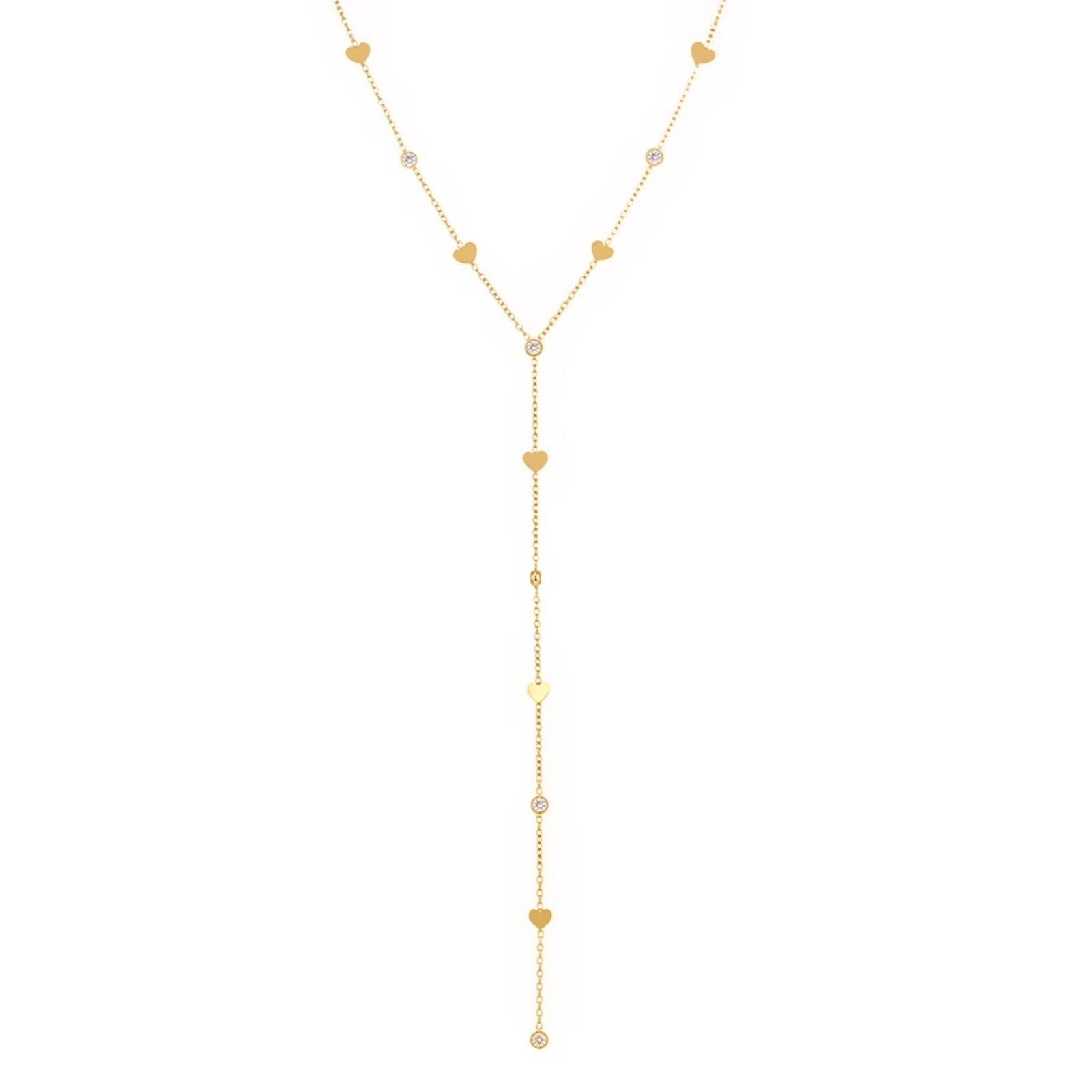 Collier cravate long plongeant, acier inoxydable, motif cœurs et zircons