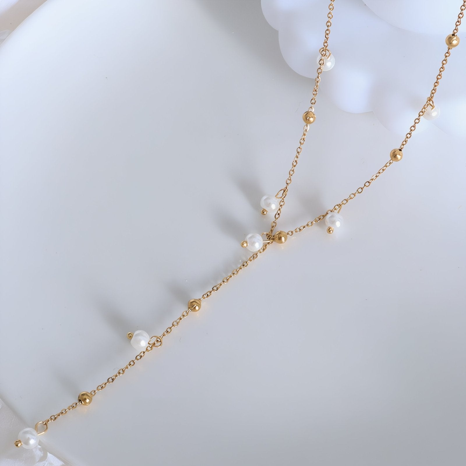 Collier cravate pour femme, avec perles blanches, en acier inoxydable