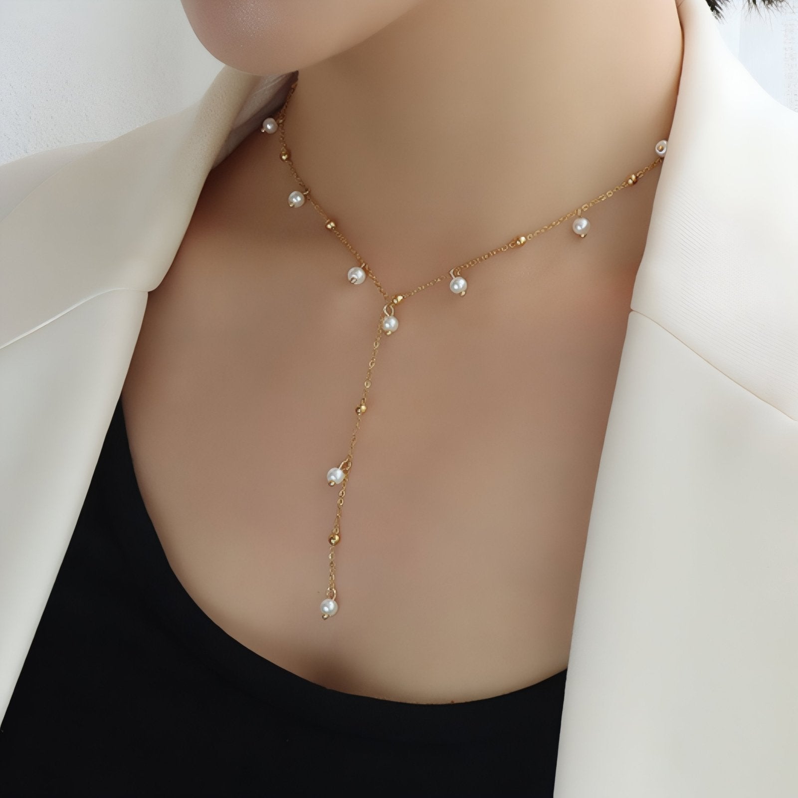 Collier cravate pour femme, avec perles blanches, en acier inoxydable