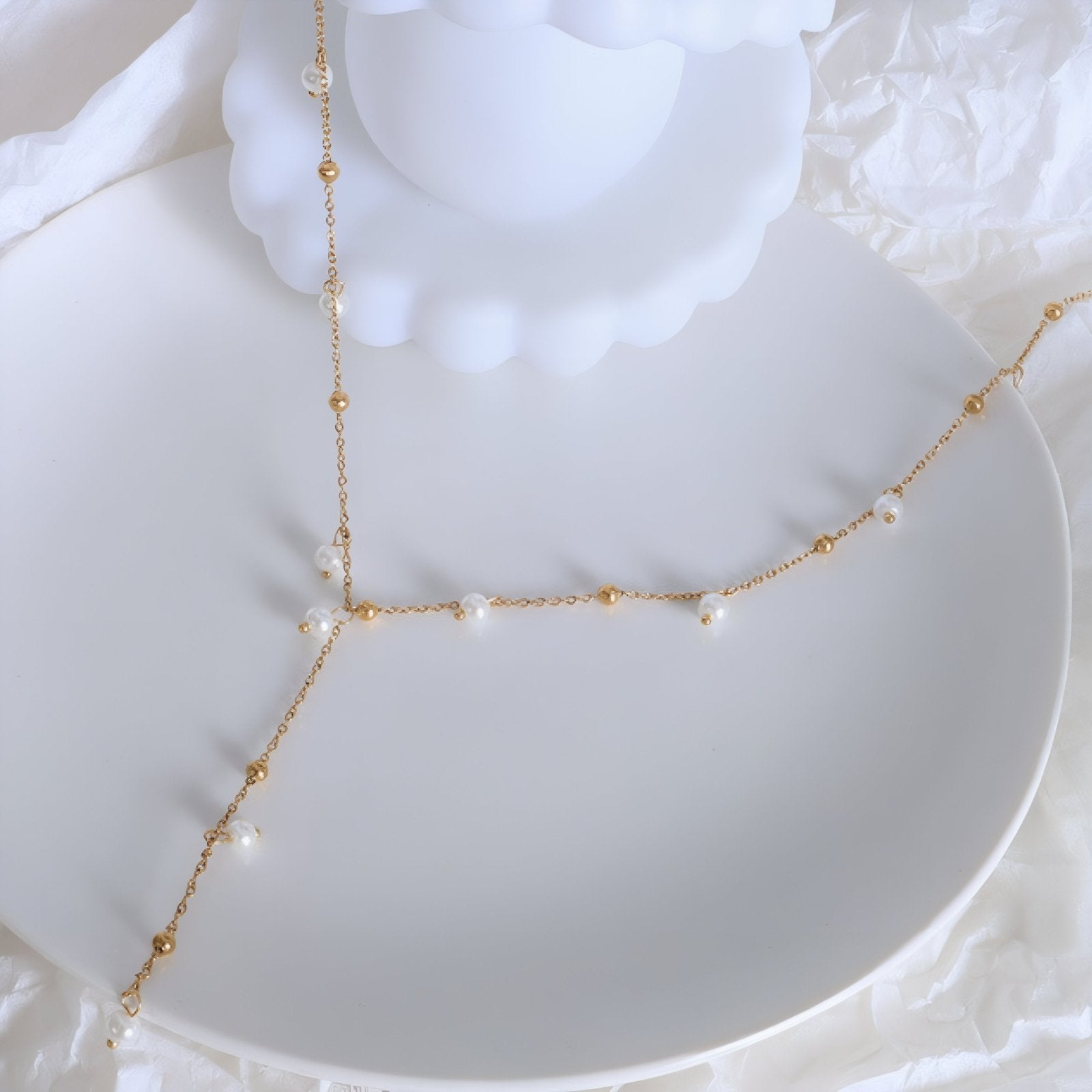 Collier cravate pour femme, avec perles blanches, en acier inoxydable