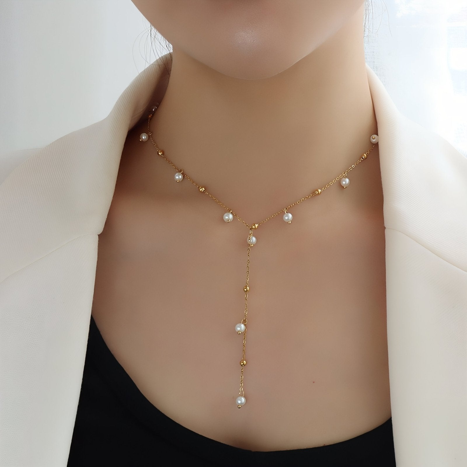 Collier cravate pour femme, avec perles blanches, en acier inoxydable