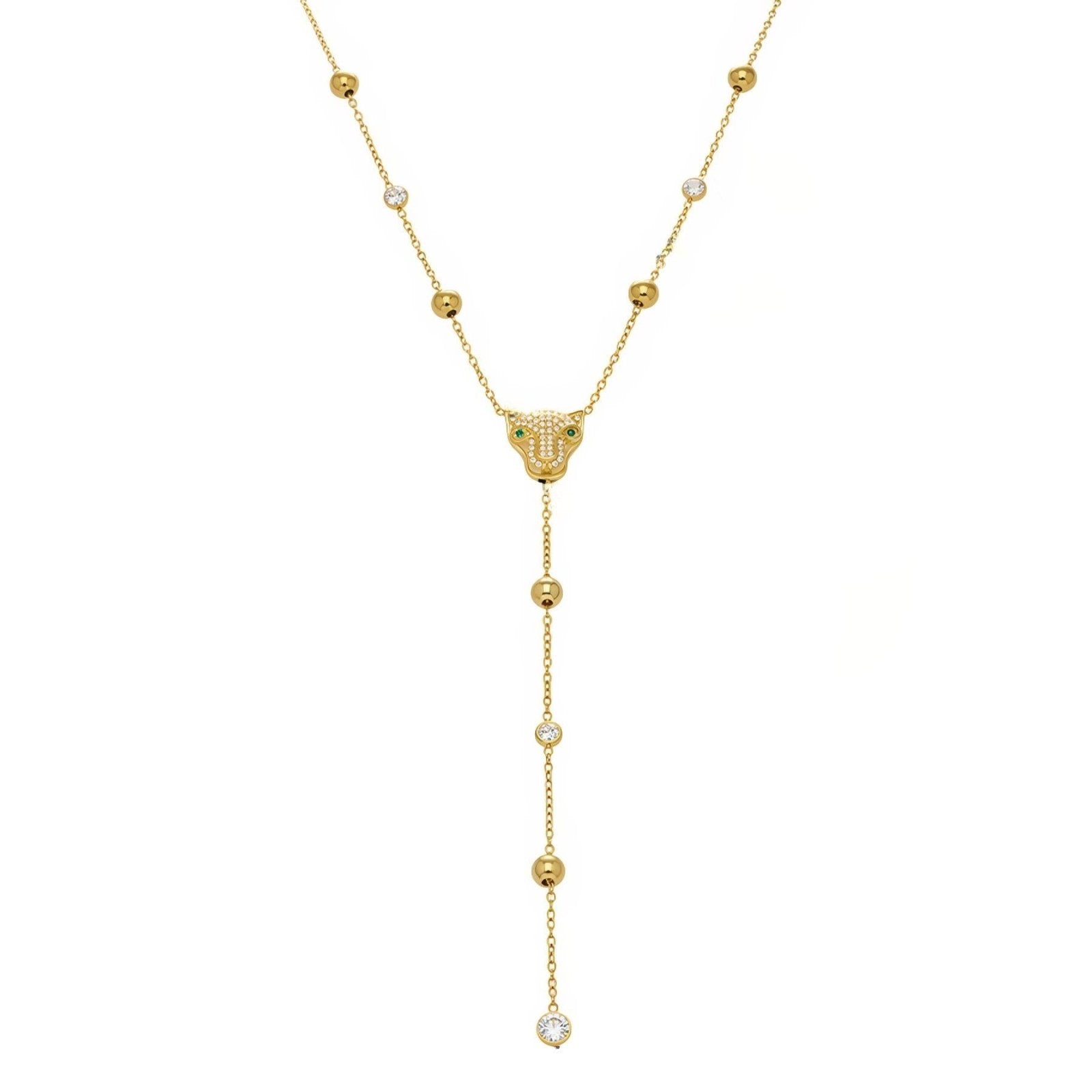 Collier cravate pour femme, avec tête de panthère sertie de zircons, en acier inoxydable plaqué or