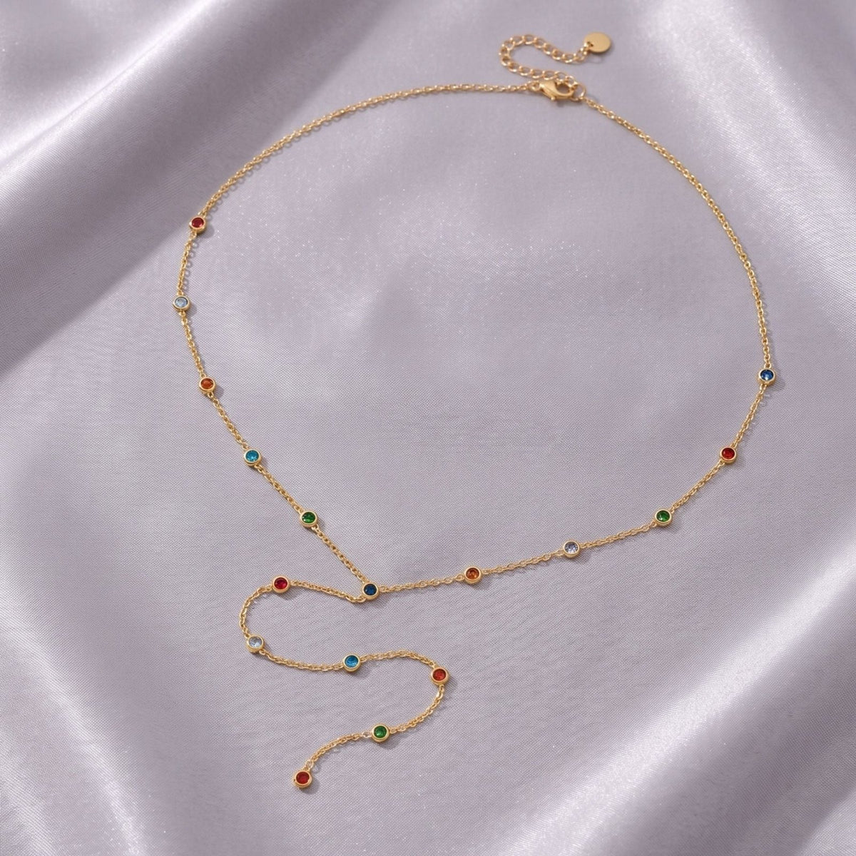 Collier cravate pour femme, en acier inoxydable doré, chaîne fine ornée de pierres multicolores