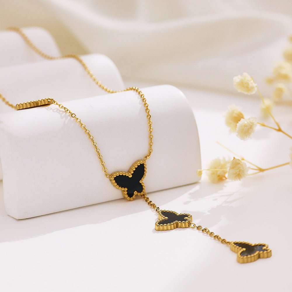 Collier cravate pour femme, pendentifs papillons, émail coloré et acier inoxydable plaqué or 18K