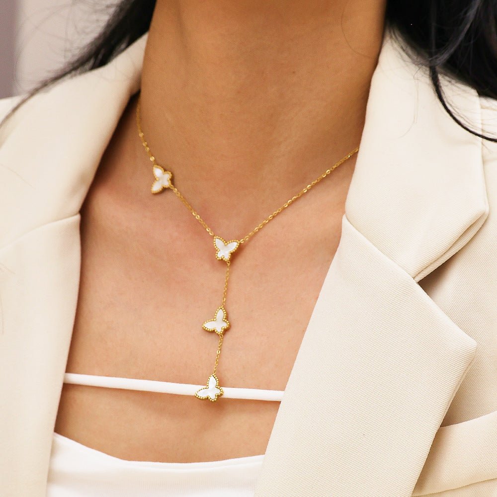 Collier cravate pour femme, pendentifs papillons, émail coloré et acier inoxydable plaqué or 18K