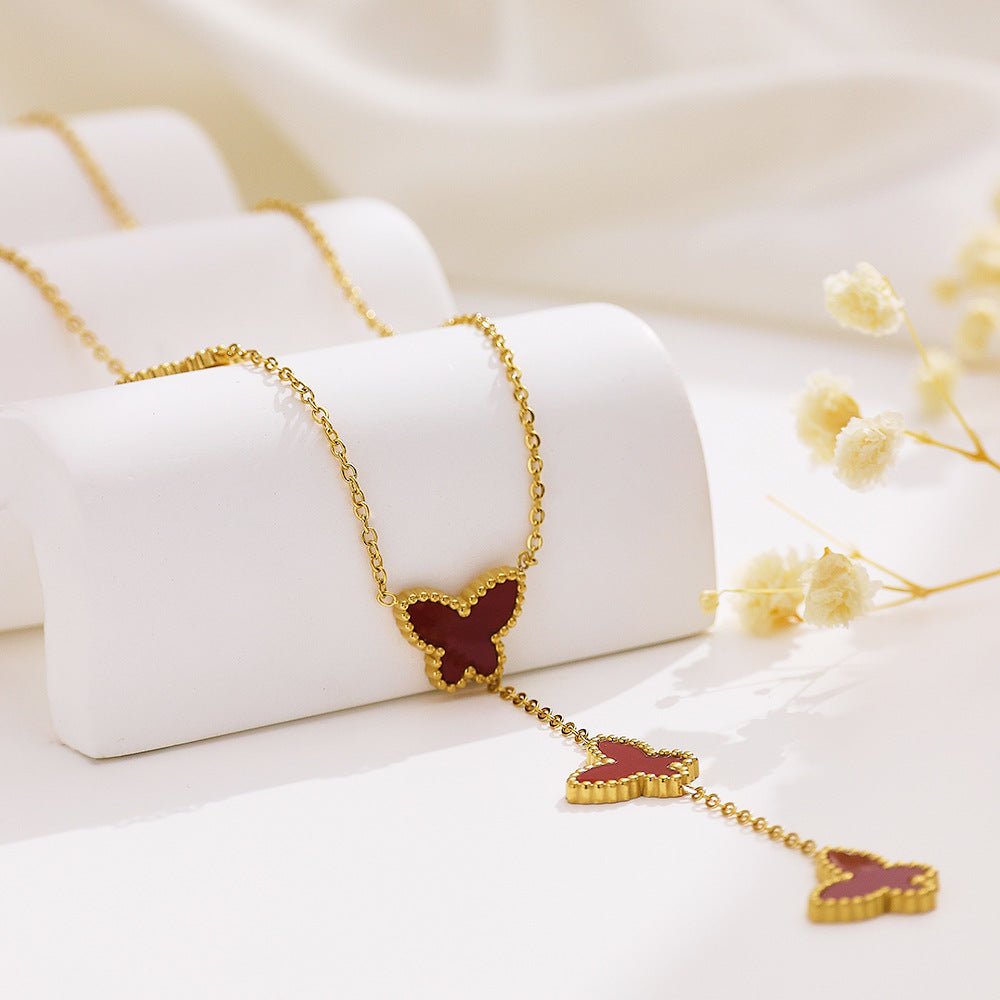 Collier cravate pour femme, pendentifs papillons, émail coloré et acier inoxydable plaqué or 18K