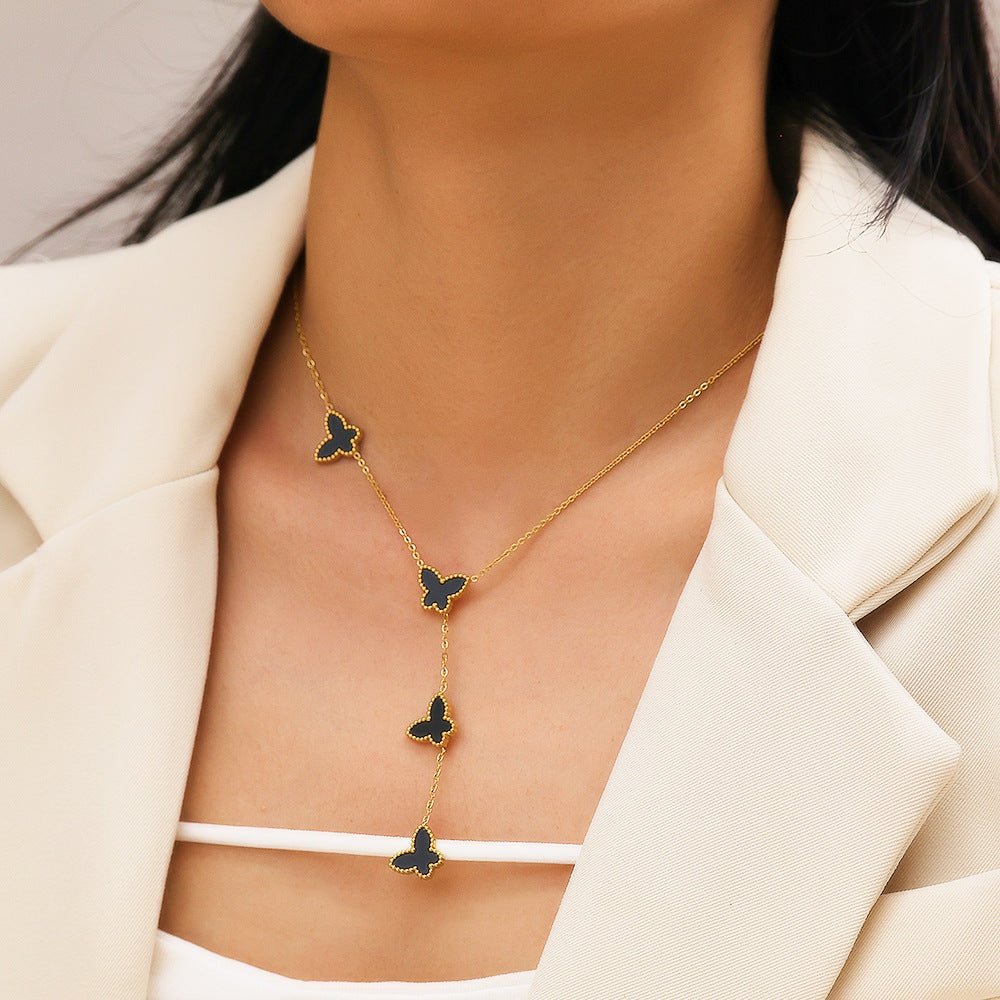 Collier cravate pour femme, pendentifs papillons, émail coloré et acier inoxydable plaqué or 18K
