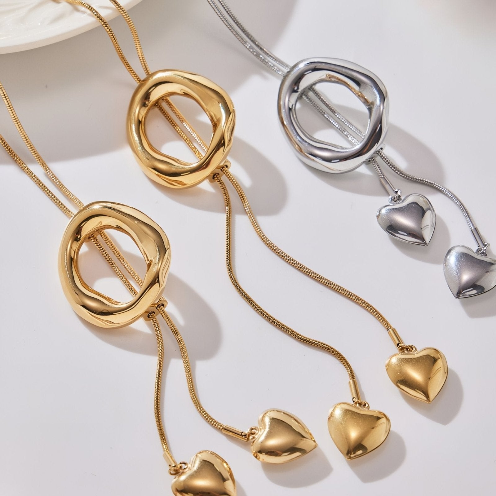 Collier cravate romantique femme, pendentifs cœur et anneau, en acier inoxydable