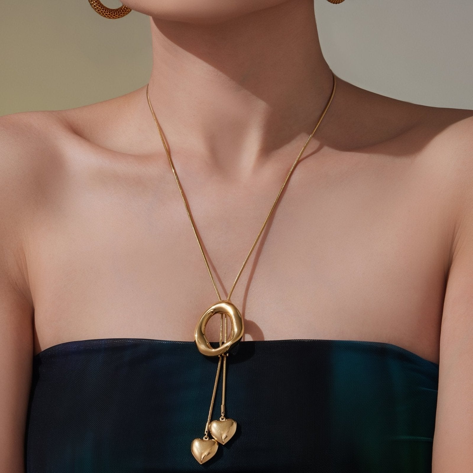 Collier cravate romantique femme, pendentifs cœur et anneau, en acier inoxydable