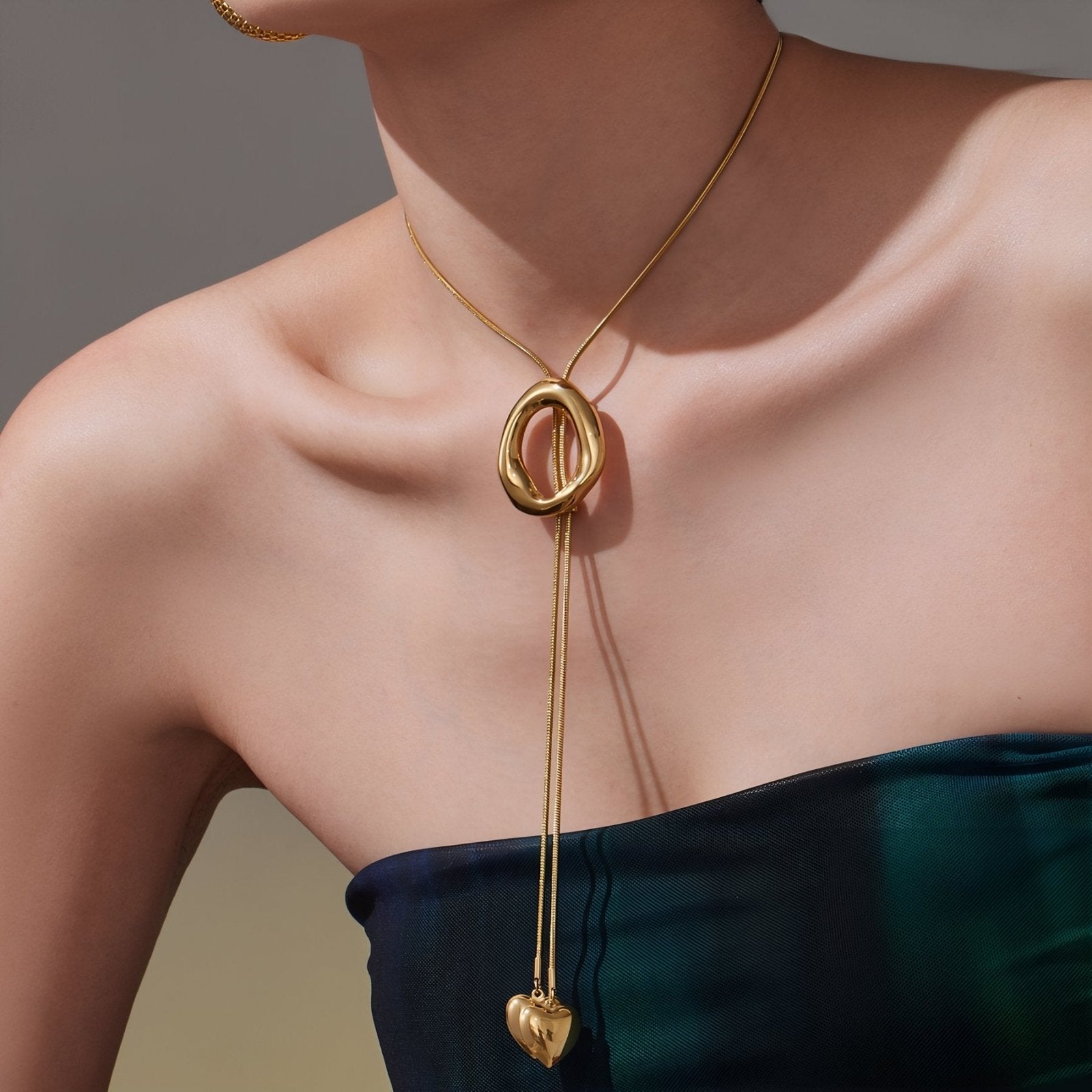 Collier cravate romantique femme, pendentifs cœur et anneau, en acier inoxydable