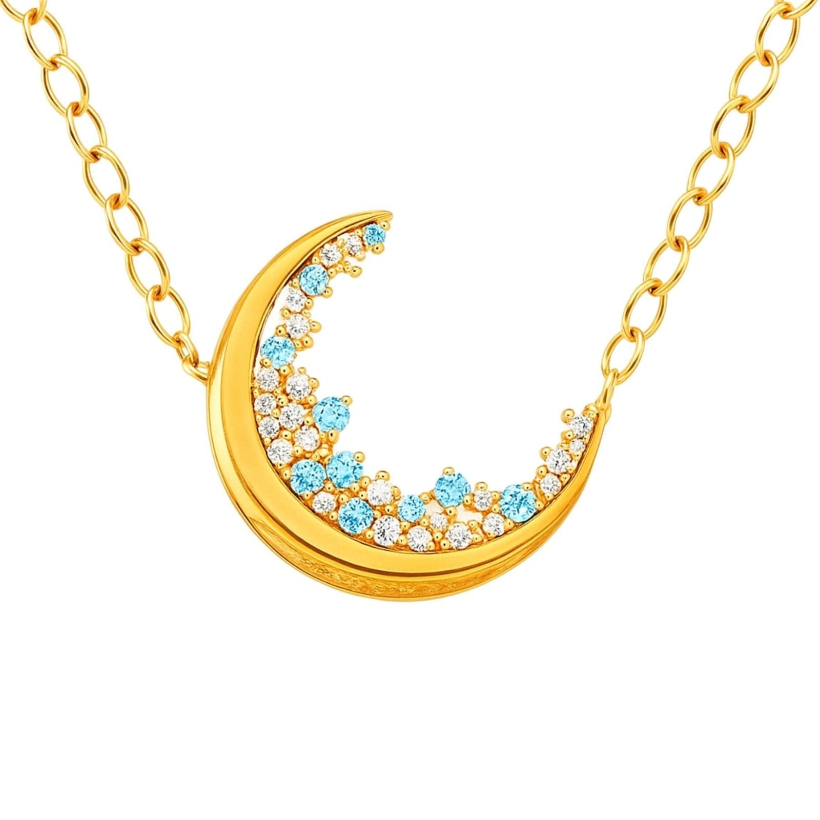 Collier croissant de lune en argent 925, plaqué or, zircons blancs et bleus, modèle Sloane
