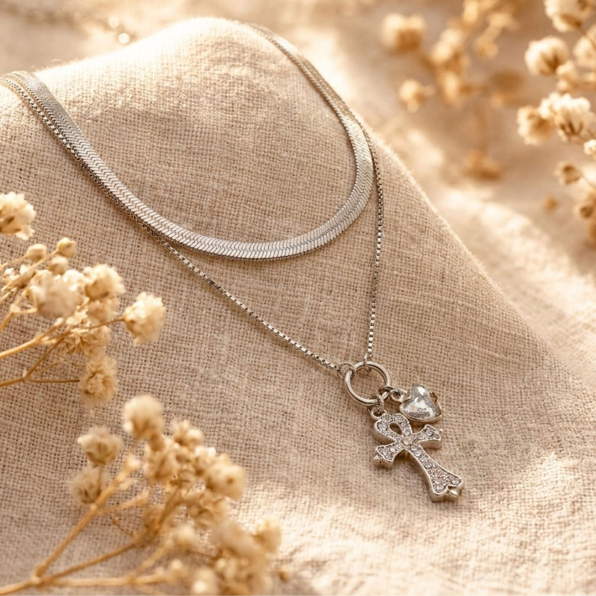 Collier croix ankh égyptien et coeur pour femme, en alliage métallique, multi-rangs