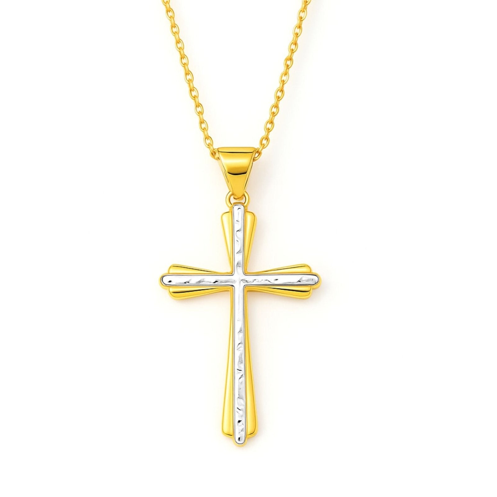 Collier croix bicolore en argent 925, pendentif martelé doré et argenté, style chic, modèle Lucie