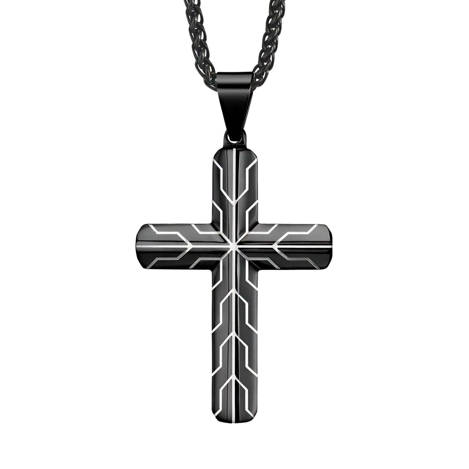 Collier croix design homme, chaîne noire et pendentif graphique en acier 316L, modèle Zéphyr