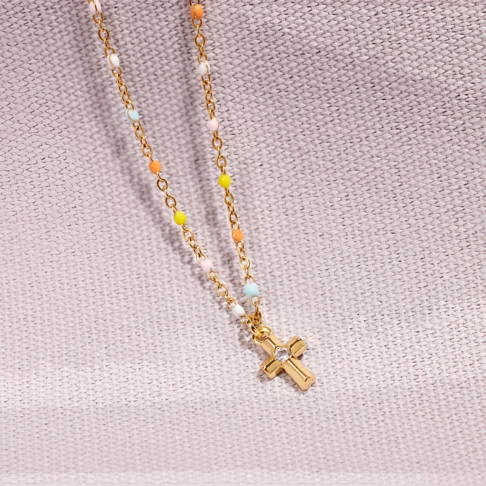 Collier croix dorée en argent 925, chaîne fine perlée multicolore, pour femme, modèle Espérance