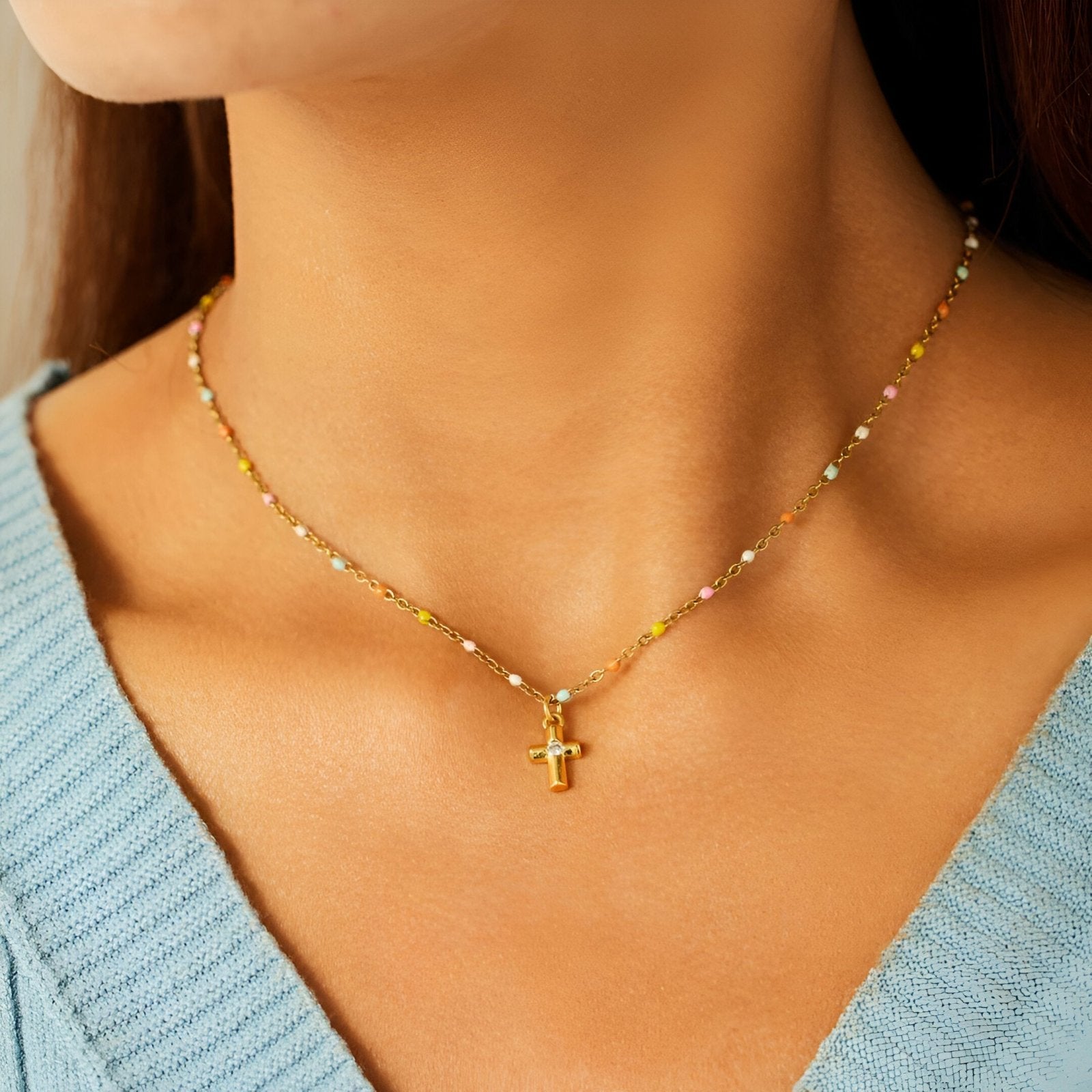Collier croix dorée en argent 925, chaîne fine perlée multicolore, pour femme, modèle Espérance