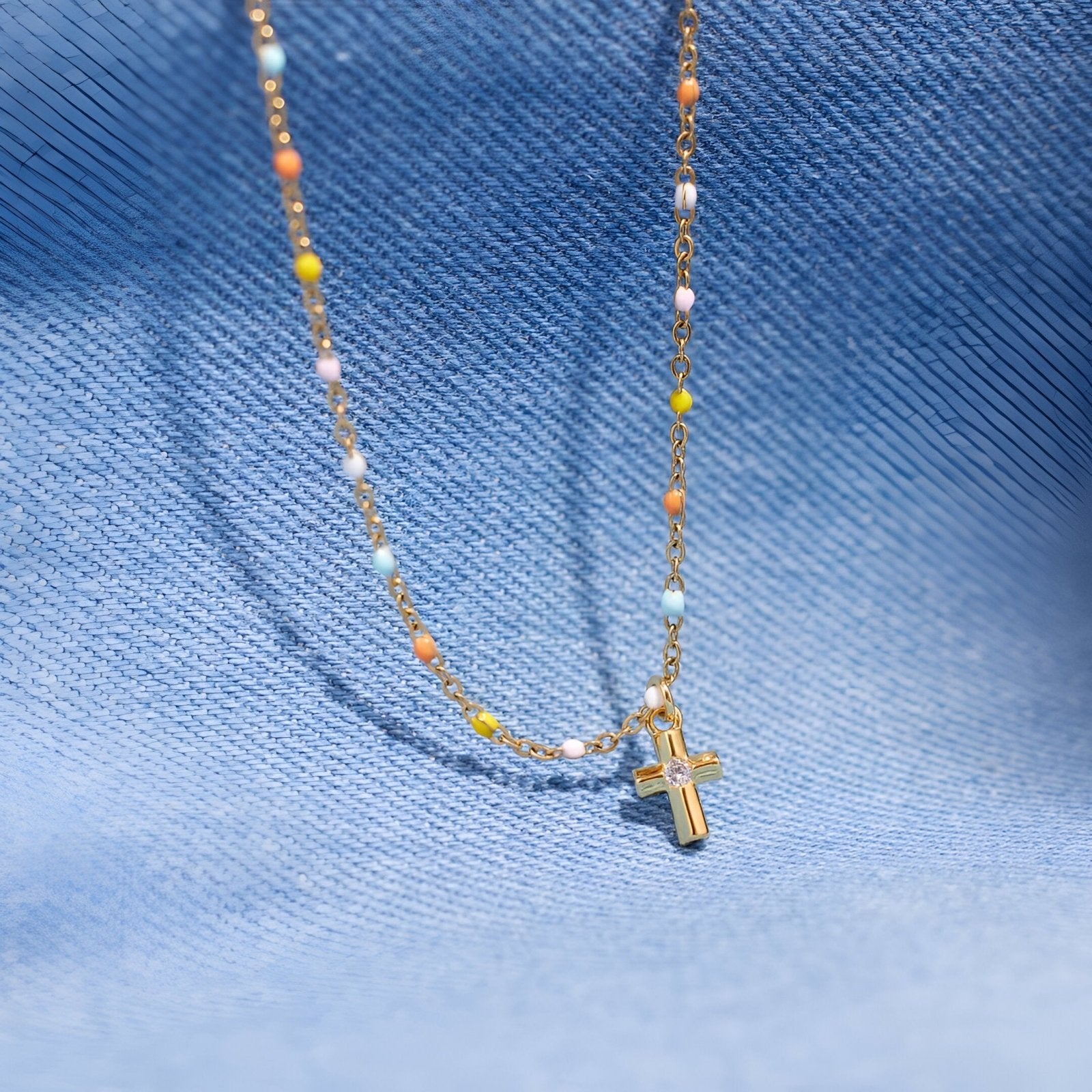 Collier croix dorée en argent 925, chaîne fine perlée multicolore, pour femme, modèle Espérance