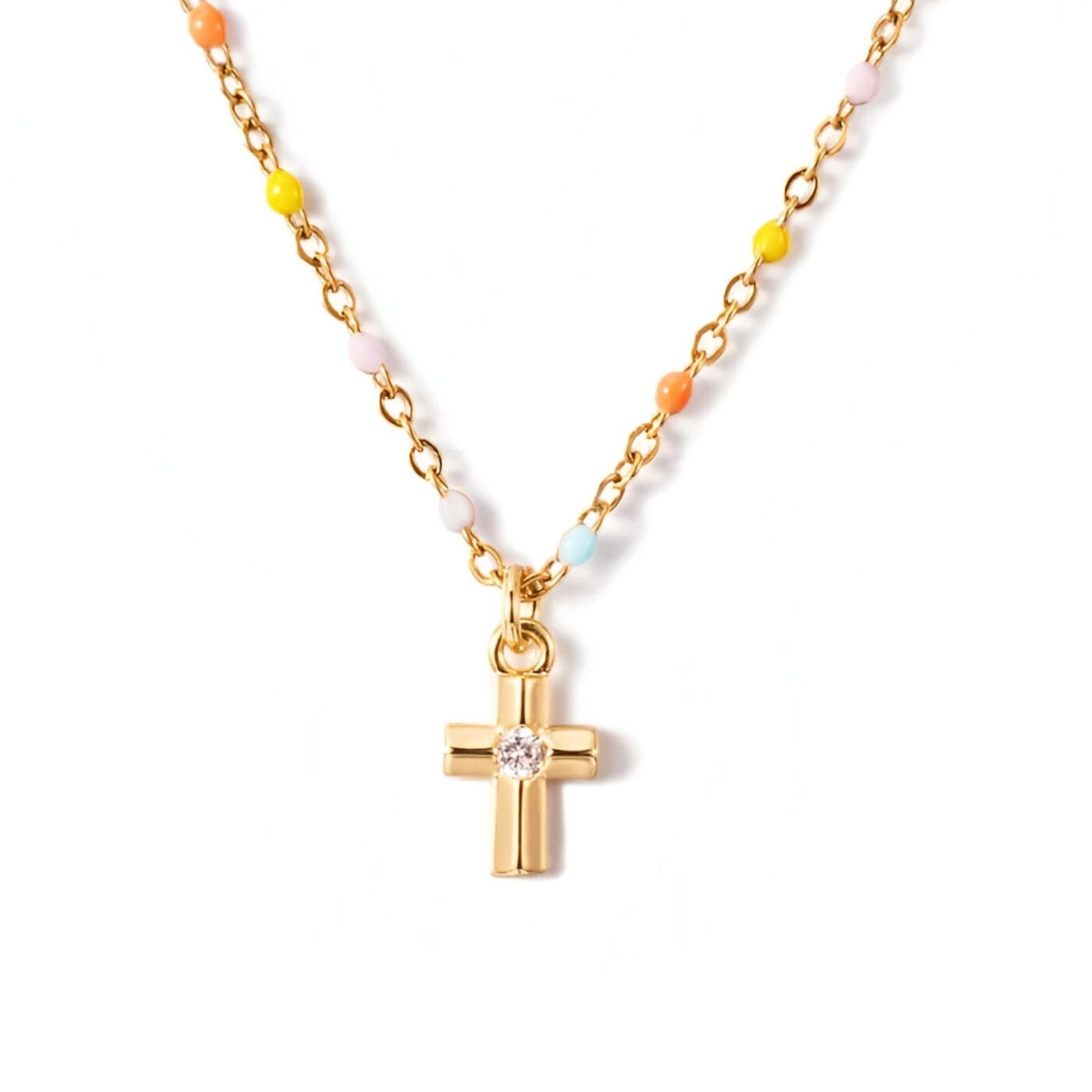 Collier croix dorée en argent 925, chaîne fine perlée multicolore, pour femme, modèle Espérance