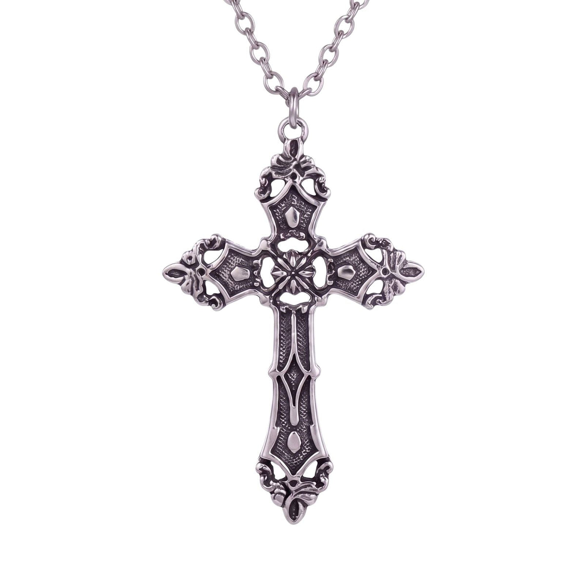 Collier croix gothique unisexe, en alliage de zinc, argent vieilli