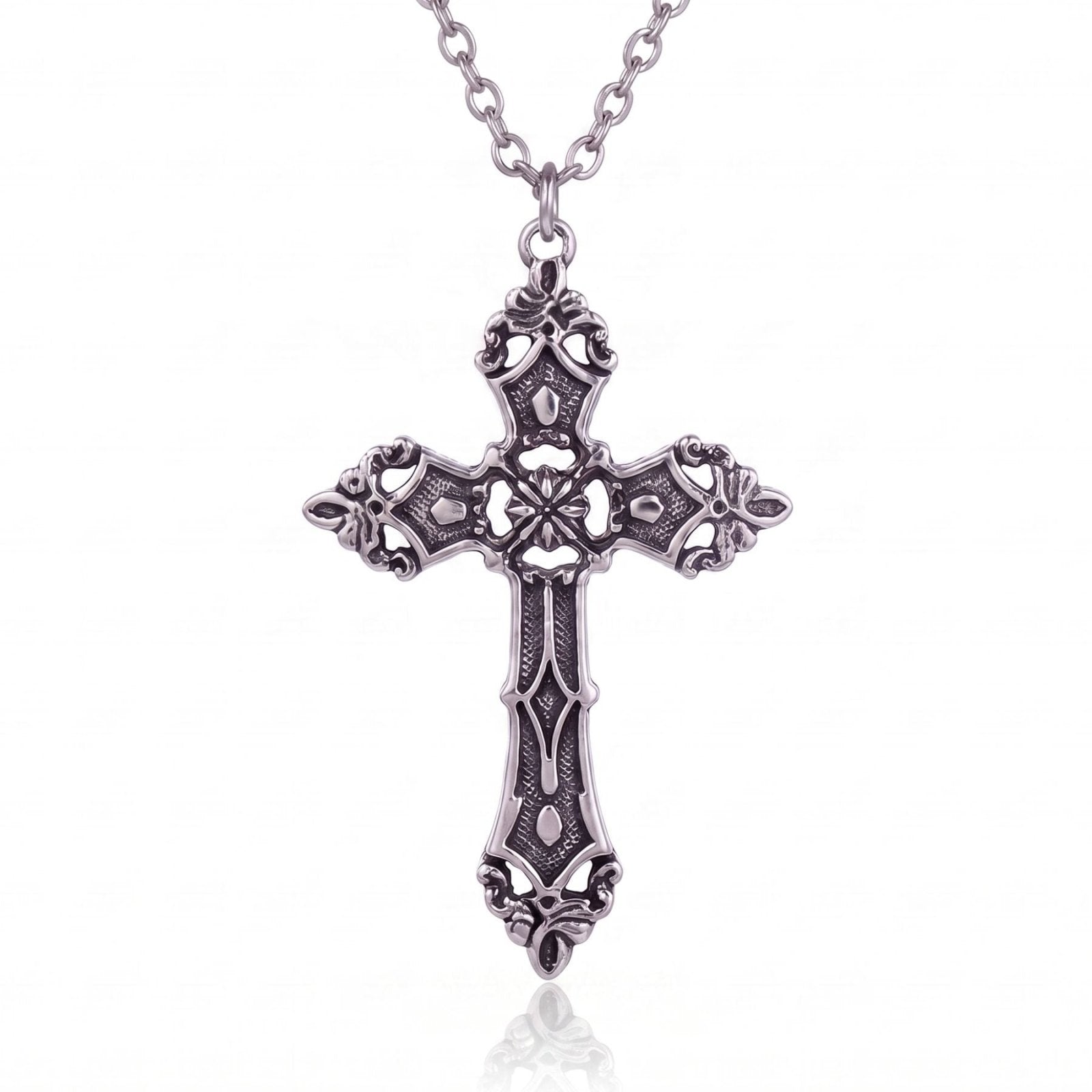 Collier croix gothique unisexe, en alliage de zinc, argent vieilli