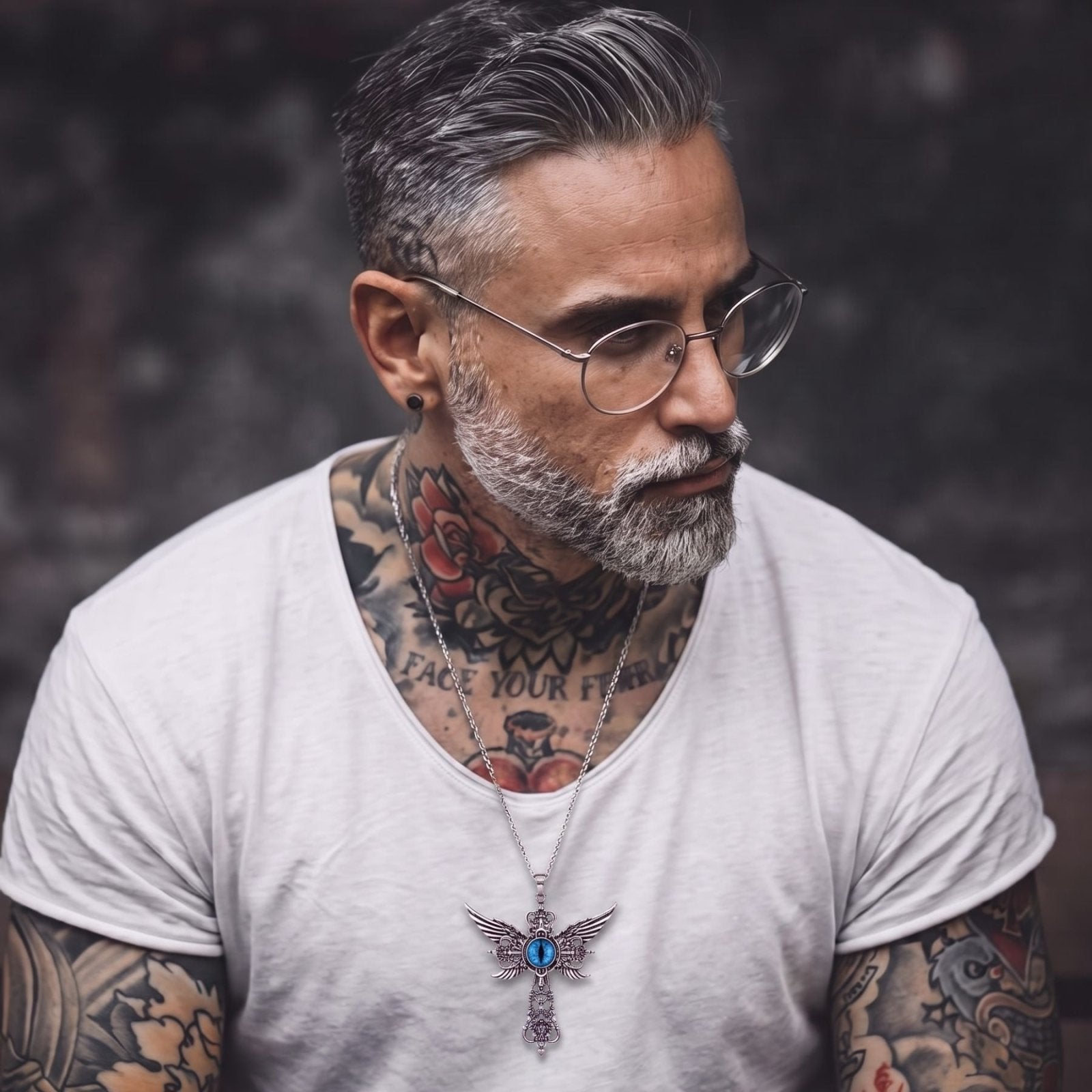 Collier croix gothique unisexe en alliage de zinc argenté avec pierre