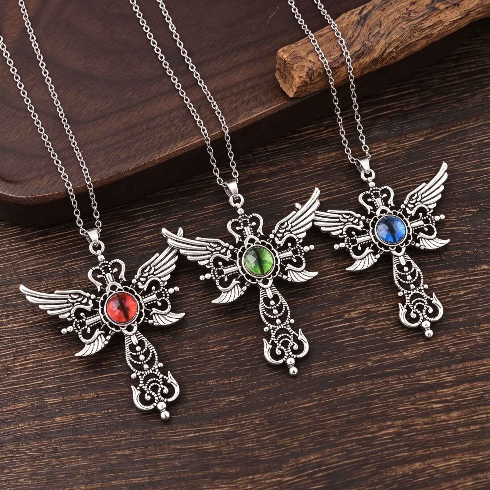 Collier croix gothique unisexe en alliage de zinc argenté avec pierre