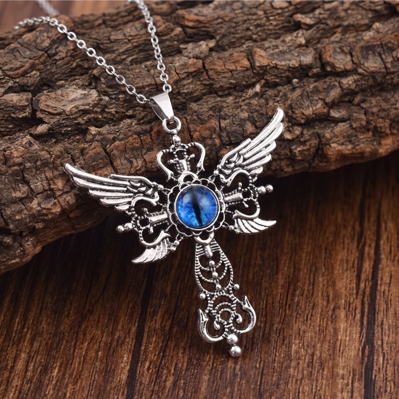 Collier croix gothique unisexe en alliage de zinc argenté avec pierre
