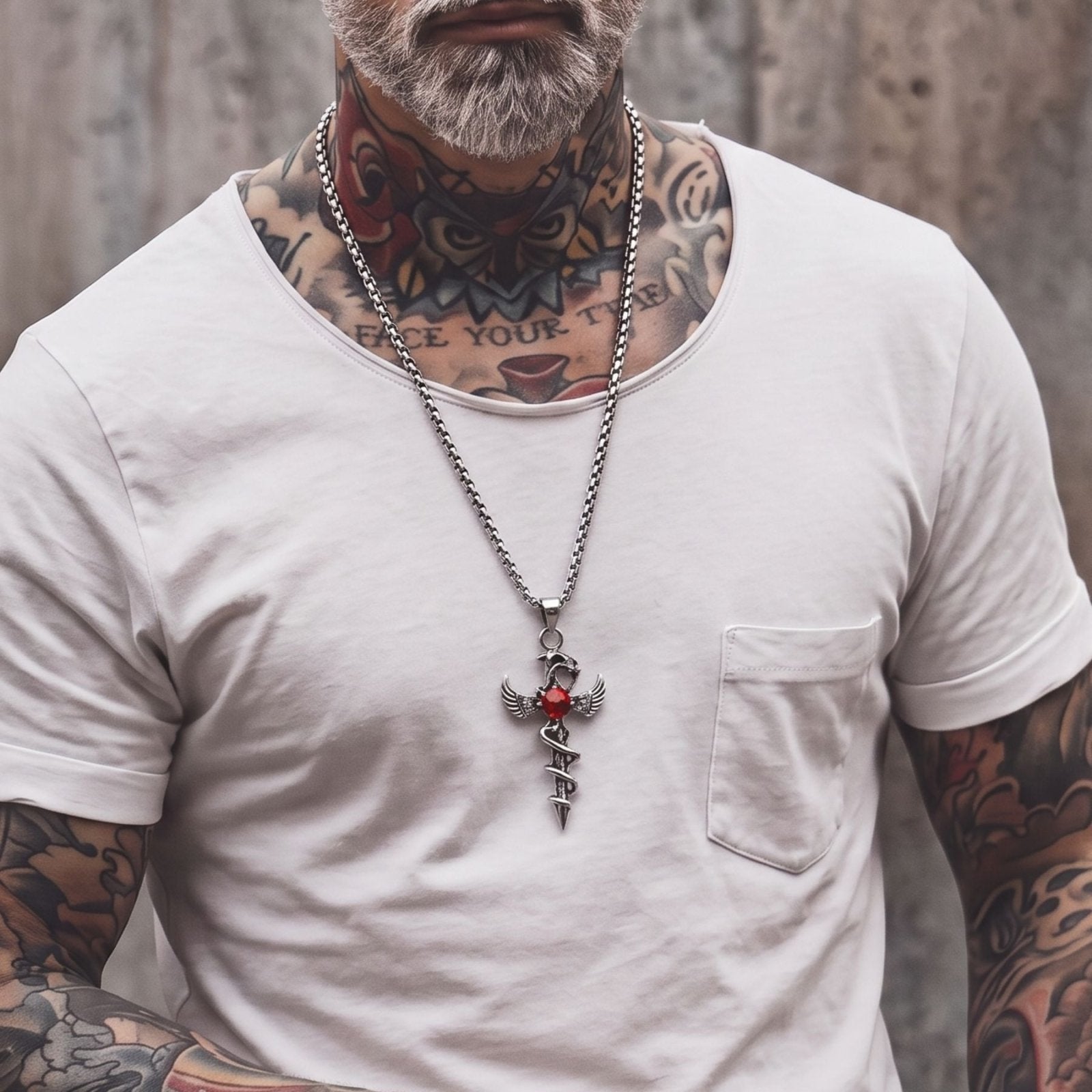 Collier croix gothique unisexe, en alliage de zinc, avec pierre rouge