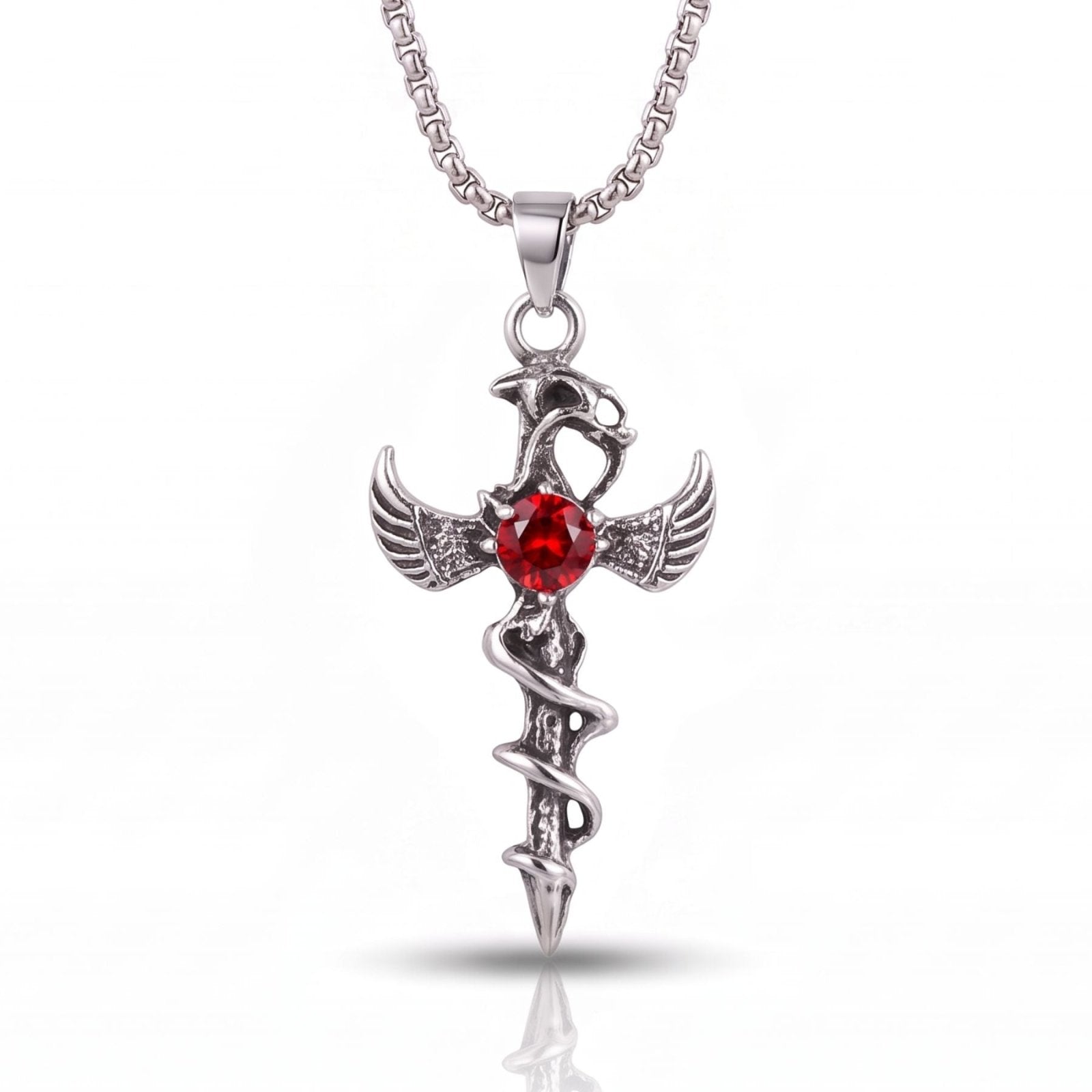 Collier croix gothique unisexe, en alliage de zinc, avec pierre rouge