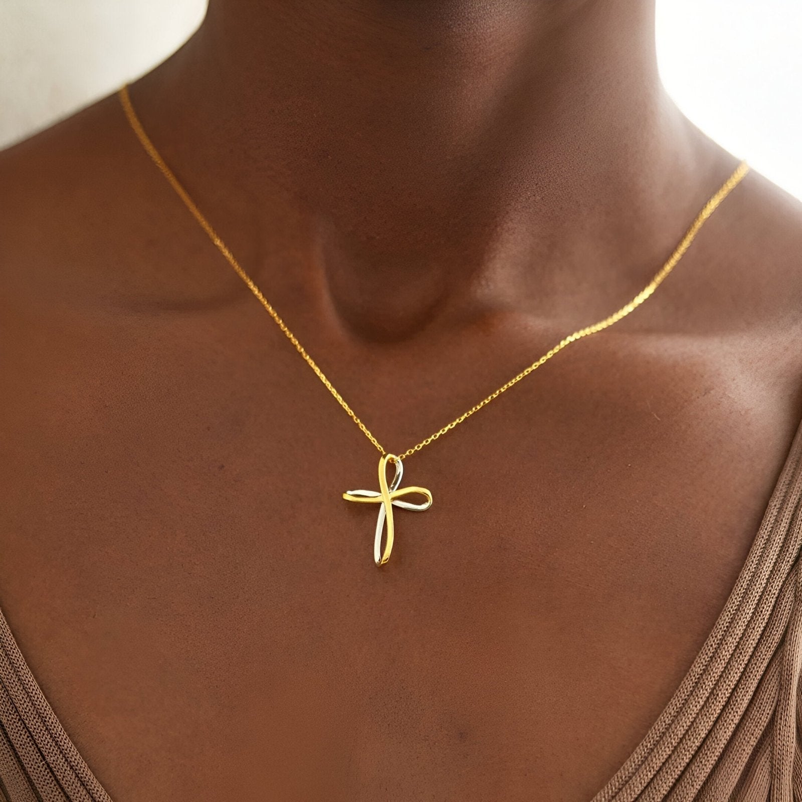 Collier croix infinie en argent 925, pendentif bicolore doré et argenté, style moderne spirituel, modèle Olympe