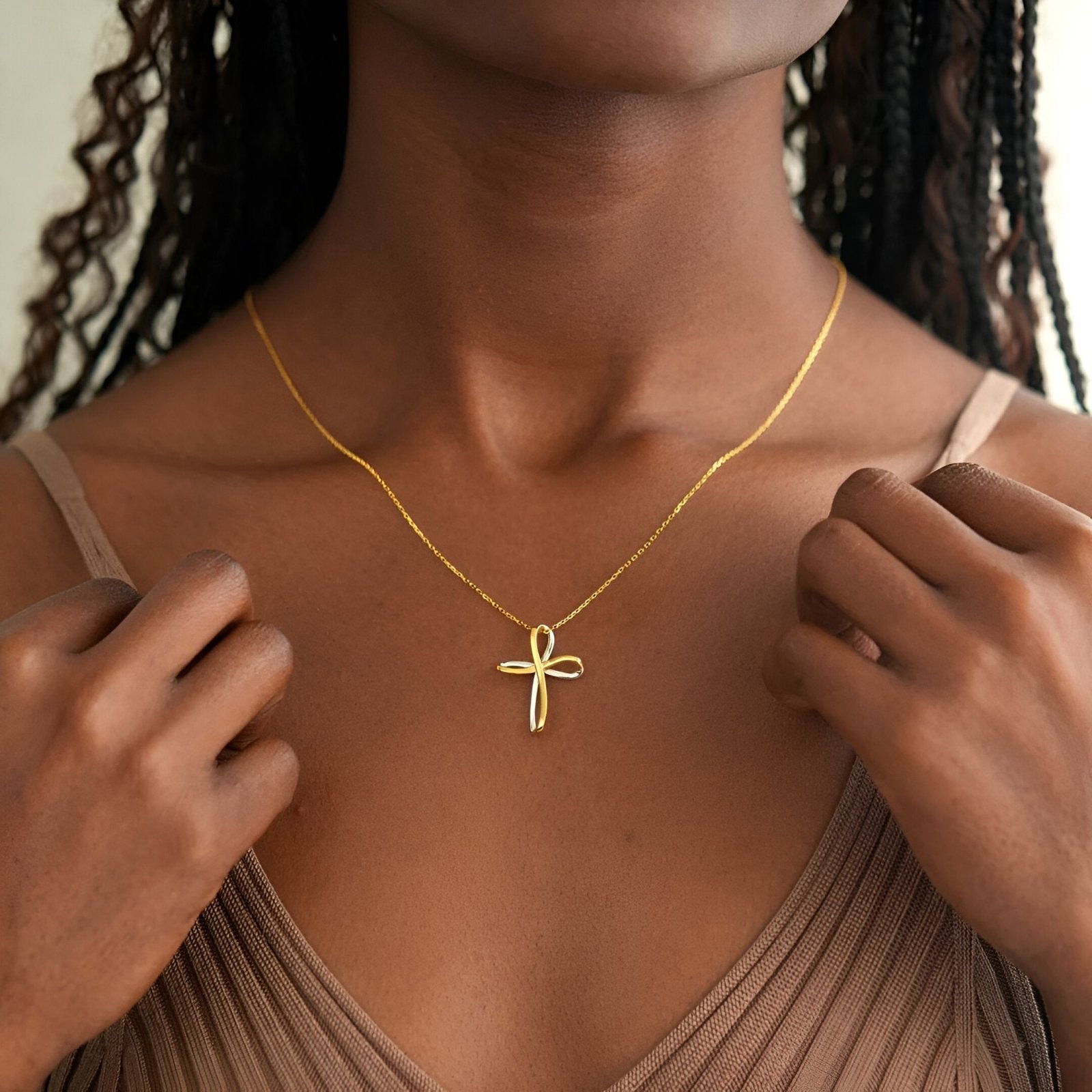 Collier croix infinie en argent 925, pendentif bicolore doré et argenté, style moderne spirituel, modèle Olympe