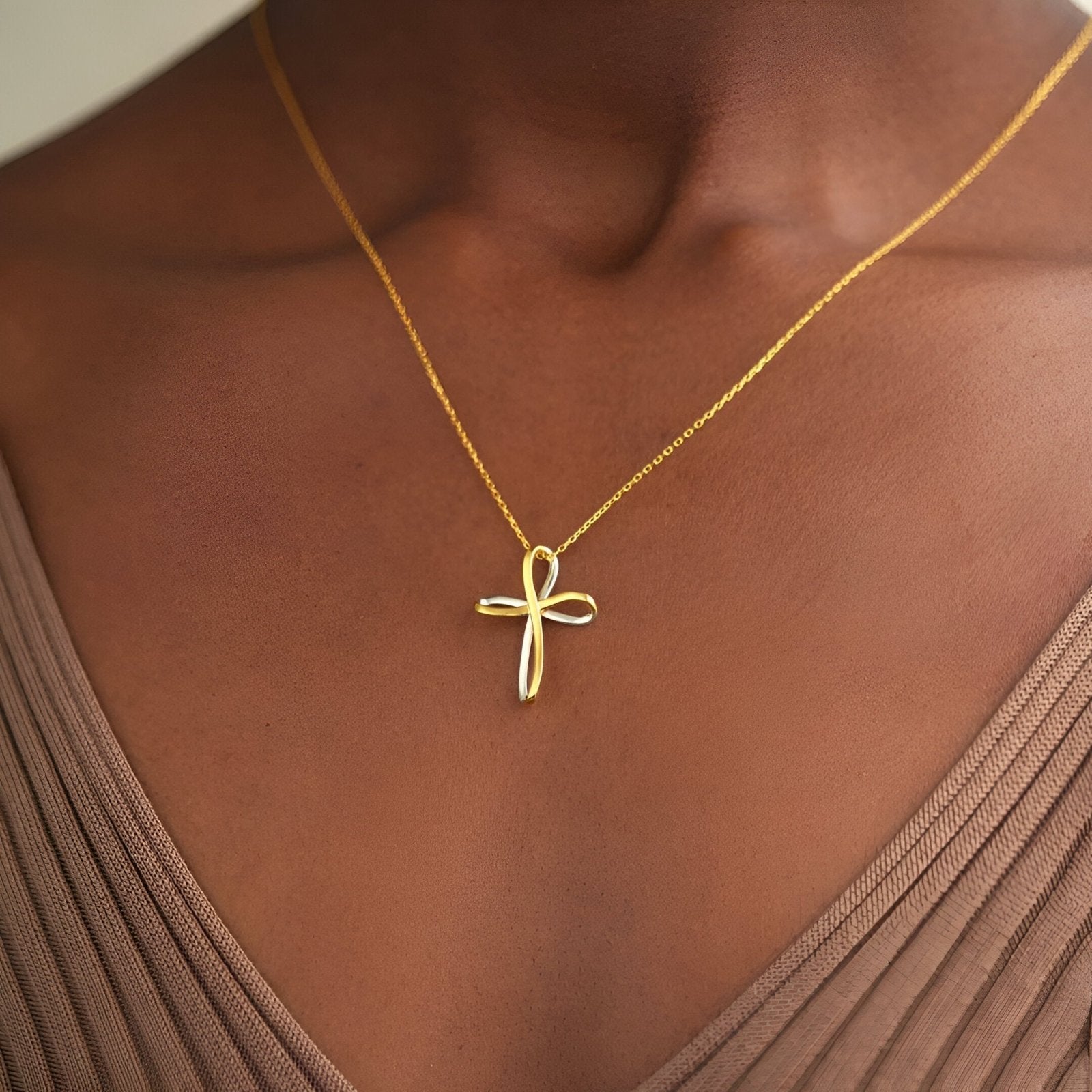 Collier croix infinie en argent 925, pendentif bicolore doré et argenté, style moderne spirituel, modèle Olympe