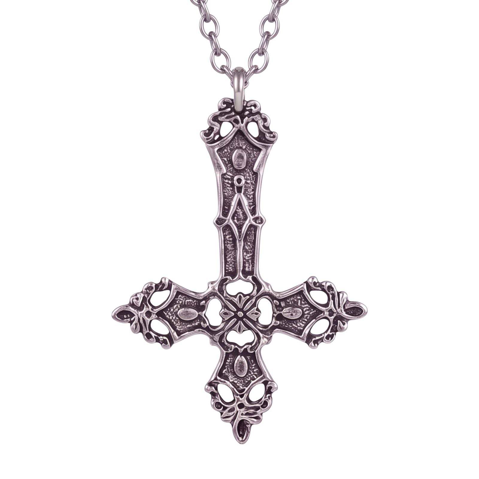 Collier croix inversée unisexe, en alliage de zinc, argent vieilli