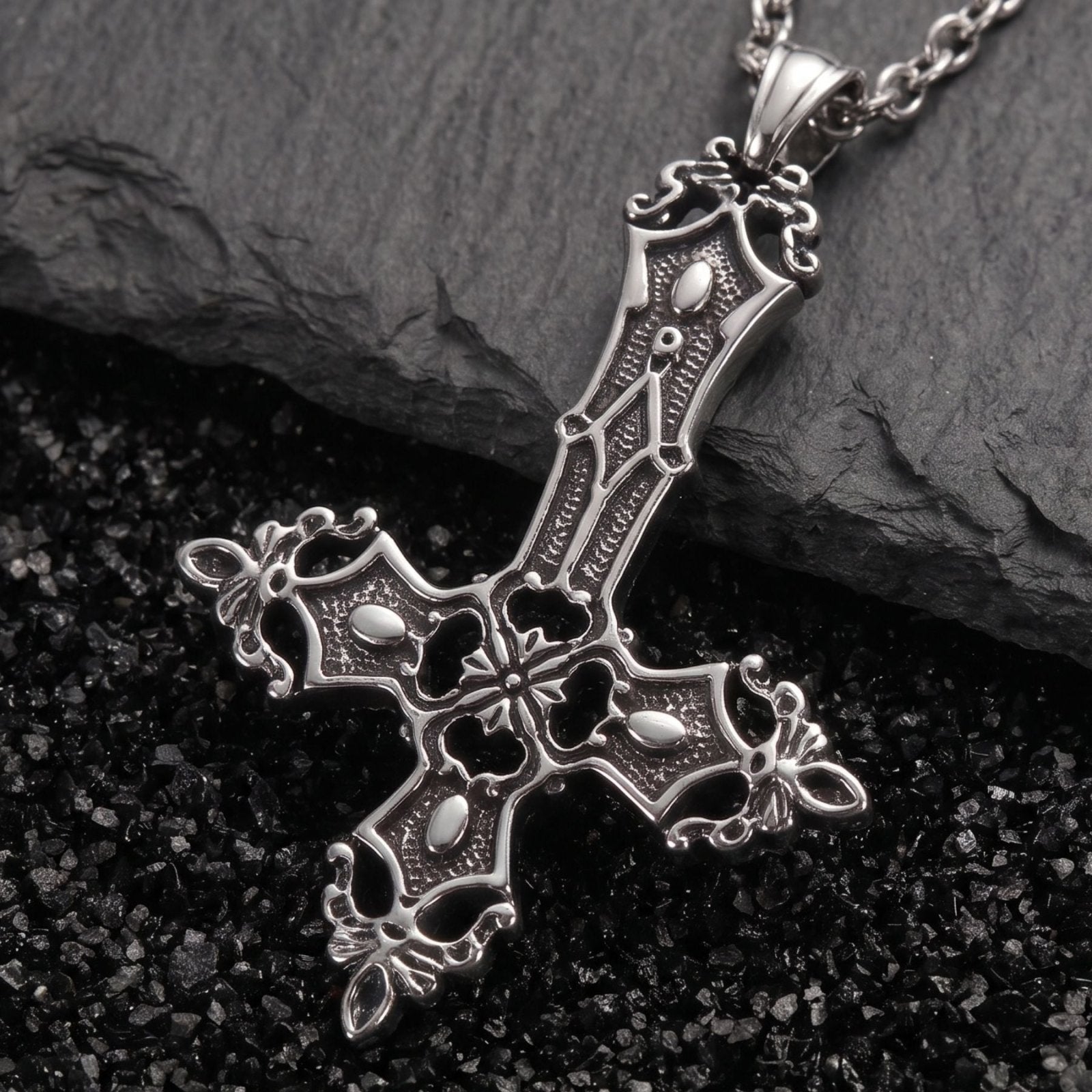 Collier croix inversée unisexe, en alliage de zinc, argent vieilli
