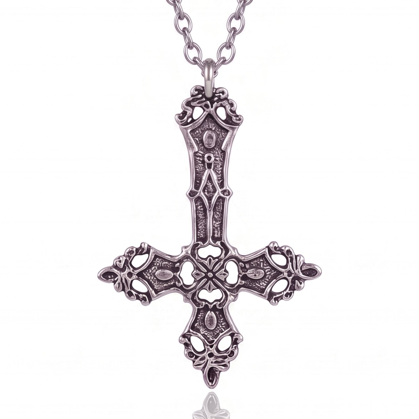 Collier croix inversée unisexe, en alliage de zinc, argent vieilli