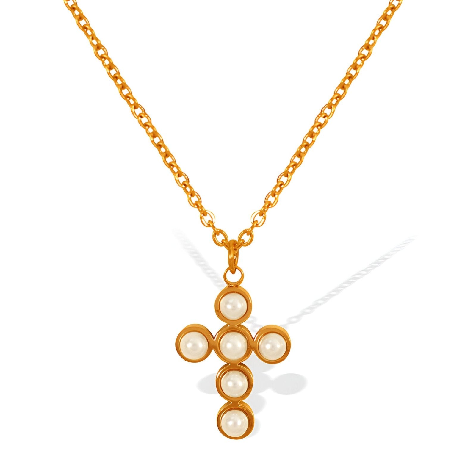 Collier croix perles blanches, acier inoxydable doré, bijou léger, modèle Laurena