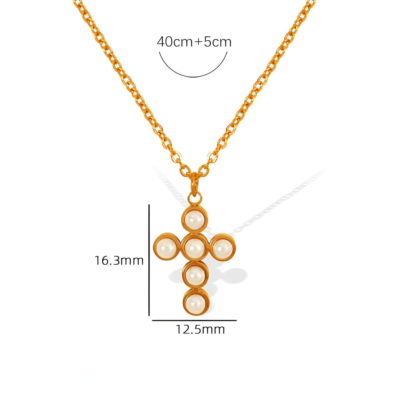 Collier croix perles blanches, acier inoxydable doré, bijou léger, modèle Laurena