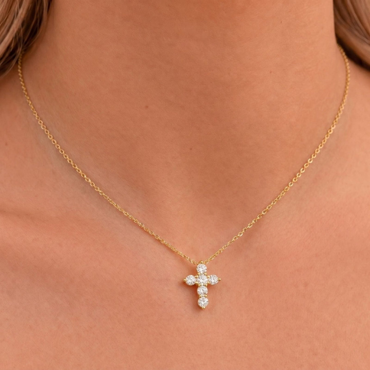 Collier croix pour femme, en argent 925 doré, avec zircons, style élégant