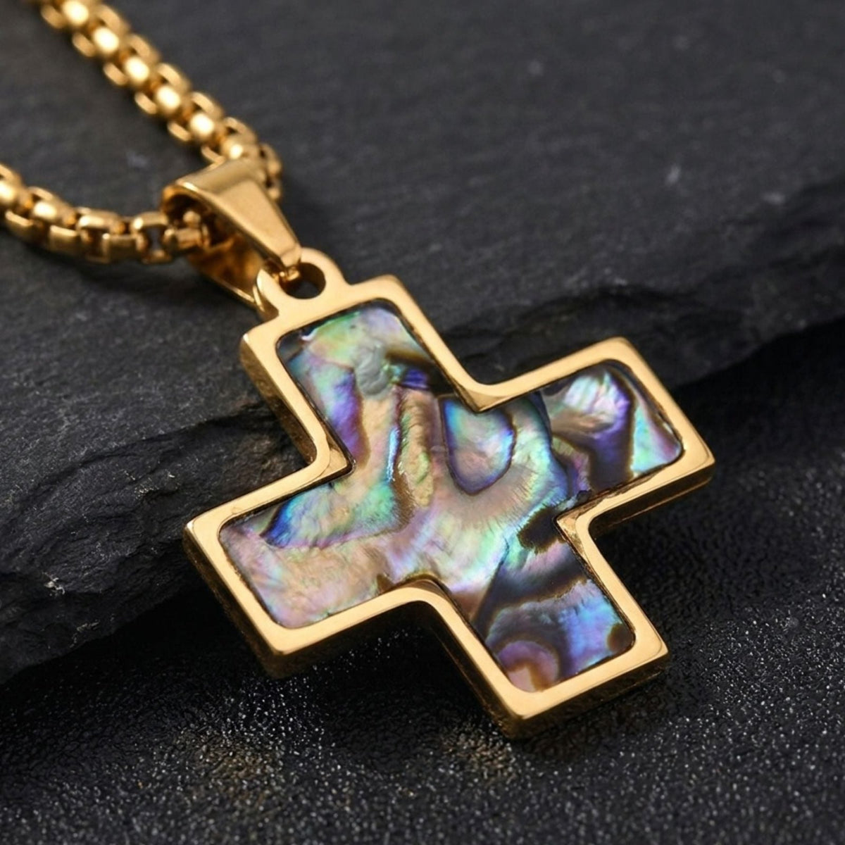 Collier croix pour homme, avec nacre naturelle irisée, en acier inoxydable