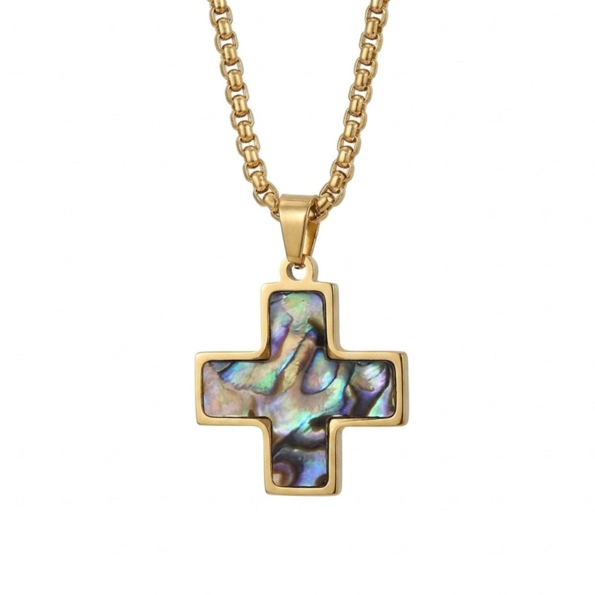 Collier croix pour homme, avec nacre naturelle irisée, en acier inoxydable