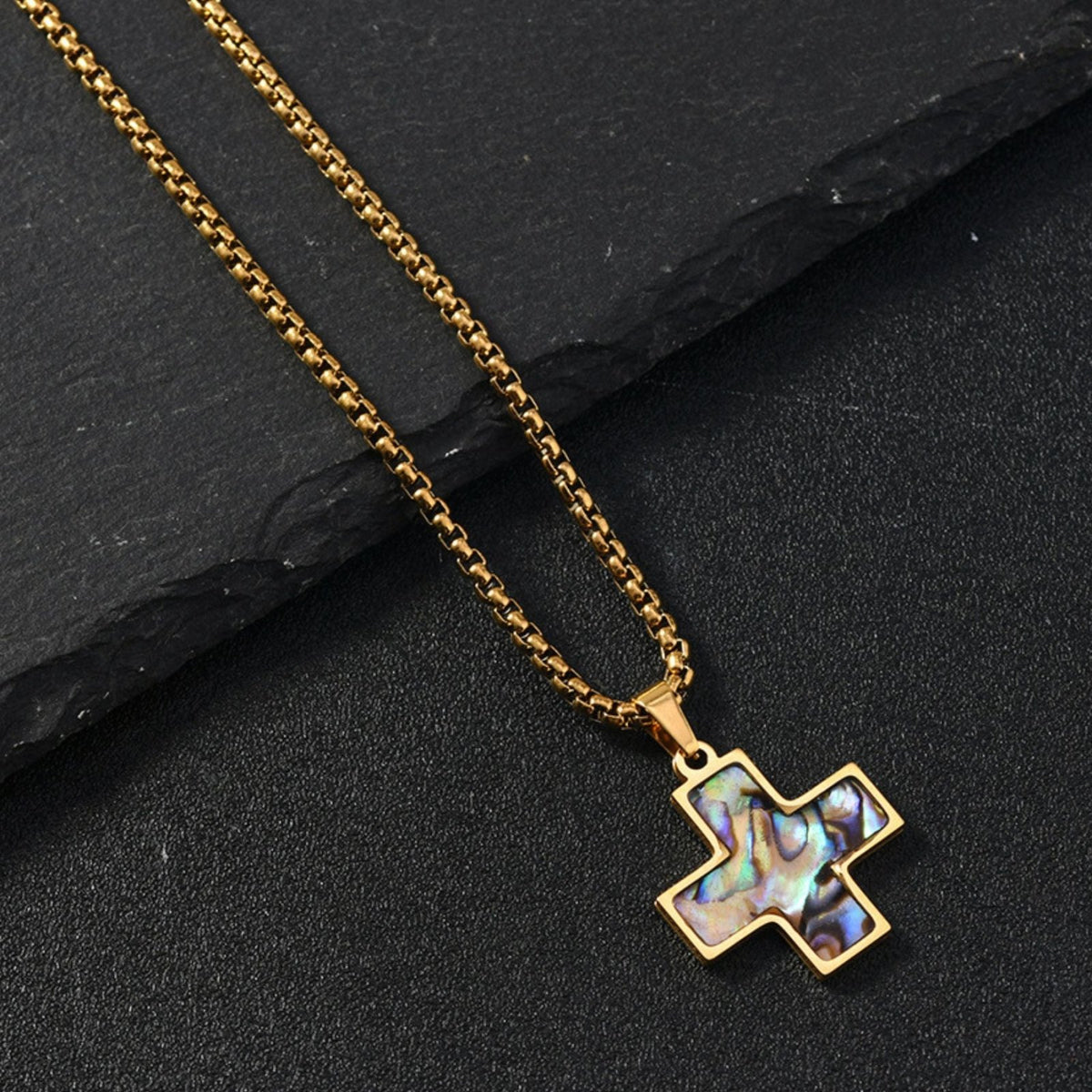 Collier croix pour homme, avec nacre naturelle irisée, en acier inoxydable