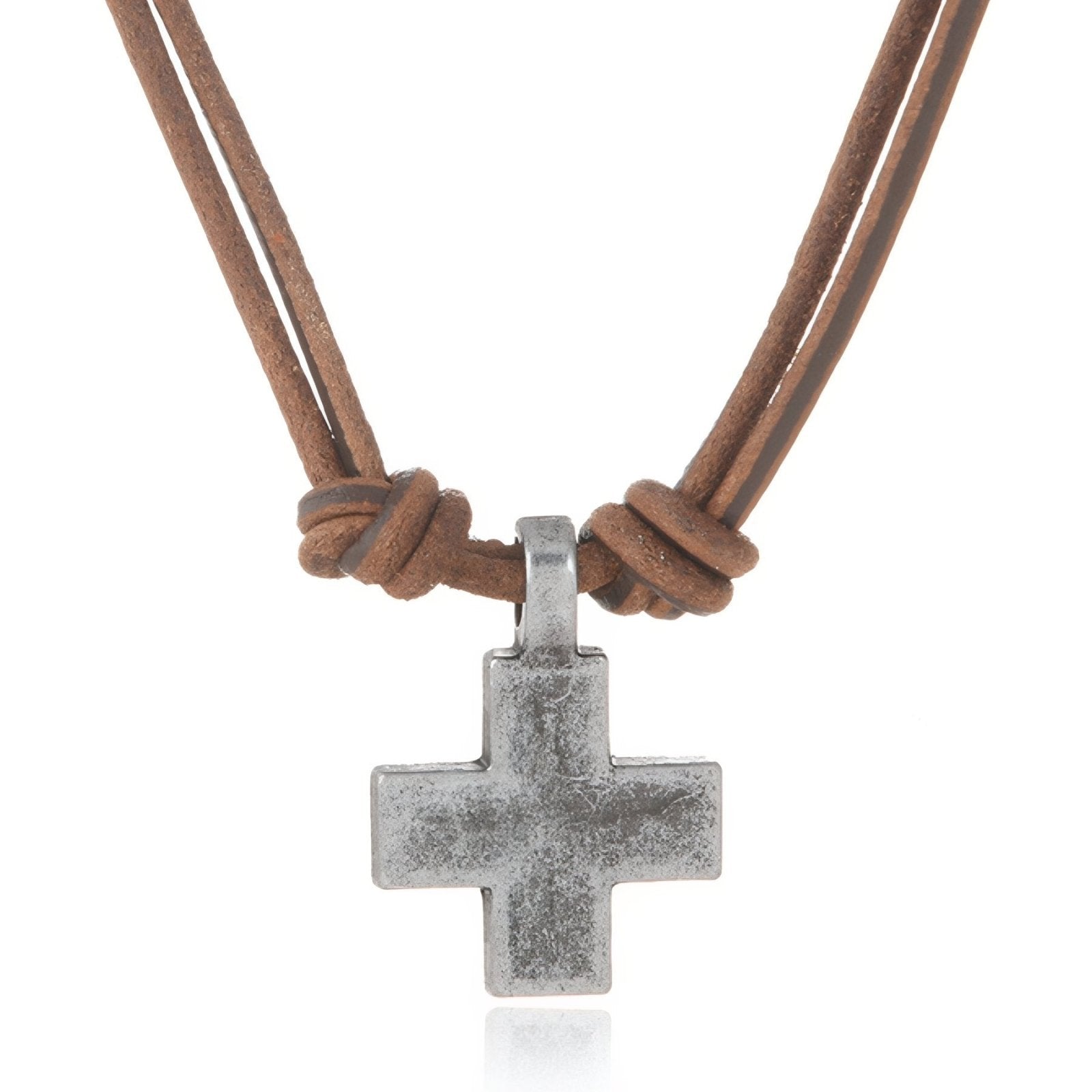 Collier croix vintage unisexe, cordon cuir noir ou marron, pendentif en métal vieilli